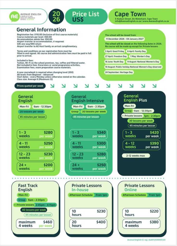 Avenue English Language Course Price List for 2026 - Cape Town, South Africa Campus