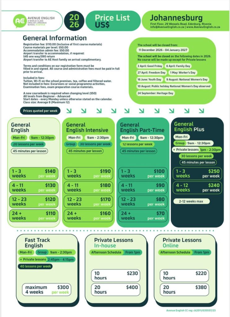 Avenue English Language Course Price List for 2026 - Johannesburg, South Africa Campus